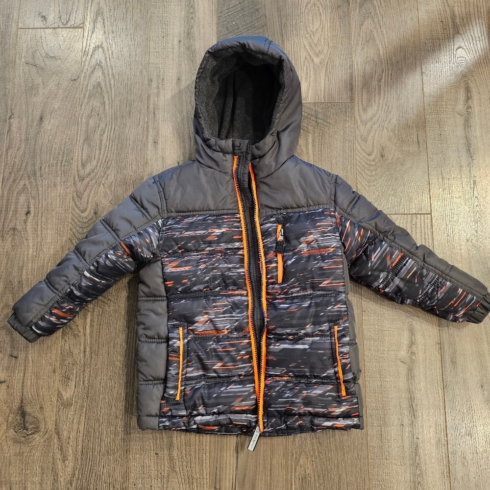 Kid's sz 4 Charcoal Orange Geometric Print Hooded Puffer Jacket School Clothes